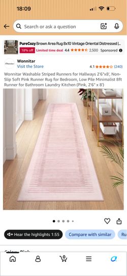 Wonnitar Washable Striped Runners for Hallways 2'6"x8', Non-Slip Soft Pink Runner Rug for Bedroom, Low Pile Minimalist 8ft Runner for Bathroom Laundry