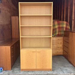 Vintage Mid Century Modern Danish Ashwood Bookcase with Lower Cabinets