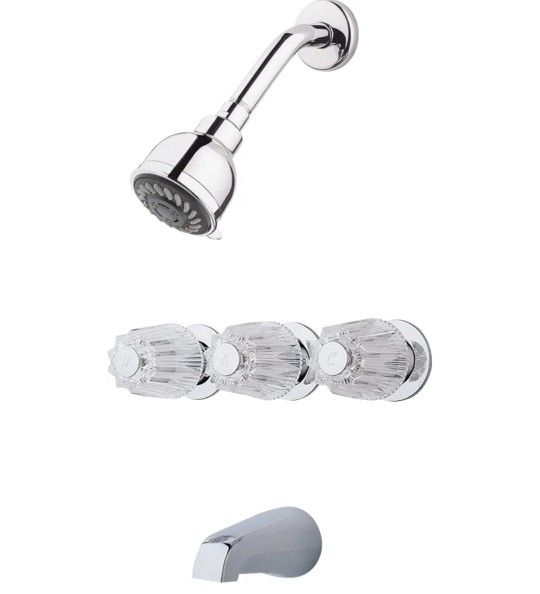 Pfister 3 Handle Tub & Shower Faucet with Metal Verve Knob Handles in Polished Chrome