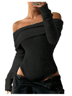 MakeMeChic Women's Fuzzy Off The Shoulder Bodysuit sz S *NEW*