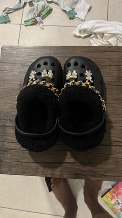 Black Fuzzy Crocs with Rhinestone Charms