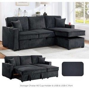 Convertible Sectional Sleeper Black 89" x 34" x 36"H