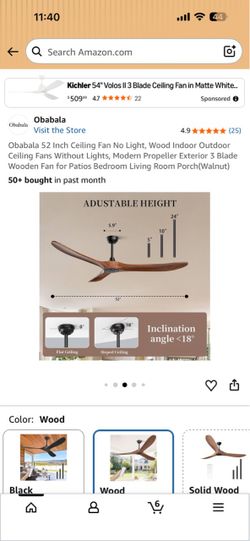 Obabala 52-Inch 3-Blade Wood Ceiling Fan