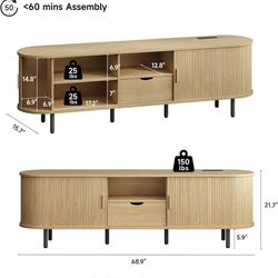 69" TV Stand with Power Outlet for TVs up to 80", Oak Entertainment Center with Storage and Drawer TV Console w/ Adjustable Shelves & Sliding Door TV 