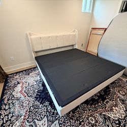 Cream Upholstered King Bed Frame – Wingback Headboard