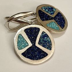 Sterling Silver 925 Turquoise And Lapis Inlay Earrings