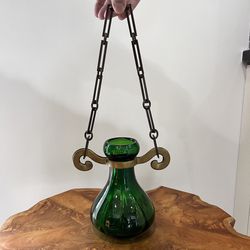 Hanging Plant Flowers Art Glass Emerald Green Hyacinth Bulb Hanging Flower Vase With Raw Brass Holder & Chain Patent # Rare