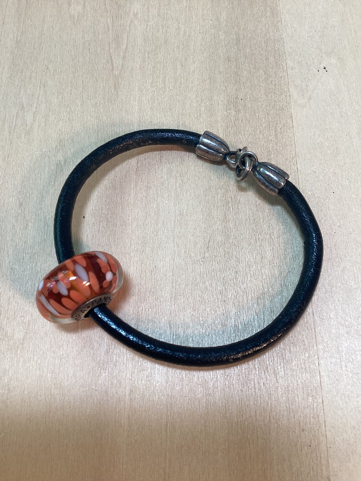 Pandora Leather Bracelet With Orange 925 Glass Bead 6 1/4”