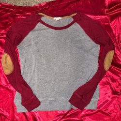 Gray and Burgundy Raglan Sweatshirt with Elbow Patches