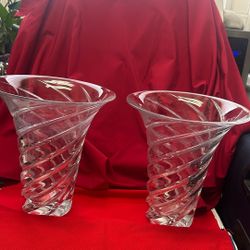 2  Clear Cut Glass Matching Vases 
