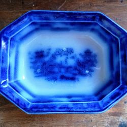 Antique Flow Blue Octagonal Asian Vegetable Dish