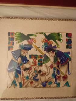 Mexican Folk Art Paintings On Leather Canvas Vtg Vintage 