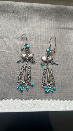 3" Filigree Drop Love Bird Flower Turquoise Earrings Sterling Taxco Mexico