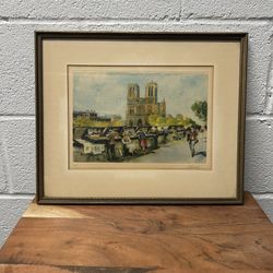 Rare watercolor painting Paris Notre Dame, Signed Framed Watercolor Print of Paris Signed by Puillery, French Wall Art