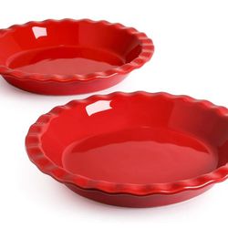 LE TAUCI Ceramic Pie Pans for Baking, 9 Inches Pie Plate for Apple Pie, Pecan Pie, 36 Ounce Deep Dish Pie Pan, Set of 2, Red