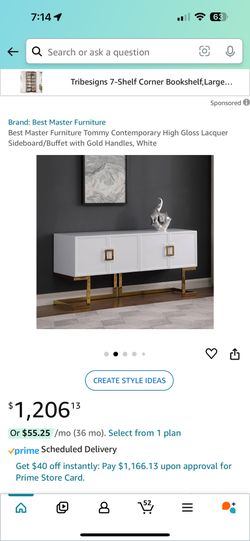 Best Master Furniture Tommy Contemporary High Gloss Lacquer Sideboard/Buffet with Gold Handles, White