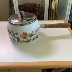 MCM Enameled Floral Print Sauce Pan With Wood Handle And Lid