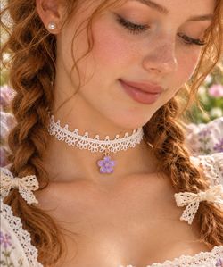Handcrafted White Lace Choker with Lavender Flower Pendant, Coquette Necklace