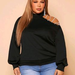 Plus Rhinestone Detail Asymmetrical Neck Sweatshirt