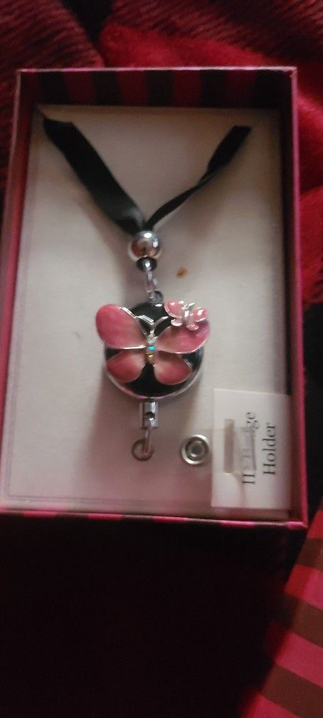 Pink Butterfly Retractable Id Badge/ Necklace holder 