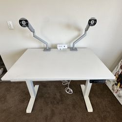 Height Adjustable Desk With Mounted Arms For Monitors