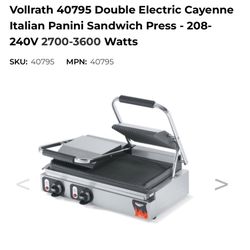 Vollrath 40795 Double Electric Cayenne Italian Panini Sandwich Press - 208- 240V 2(contact info removed) Watts