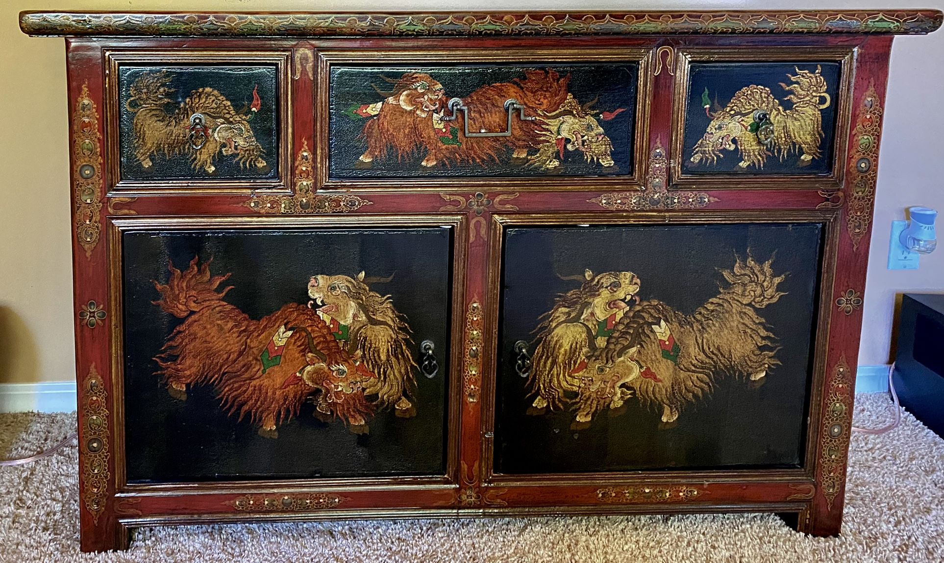 Extremely Rare Antique Tibetan Chest Featuring Tibetan Lions On The Front In Great Colors And Exceptional Condition