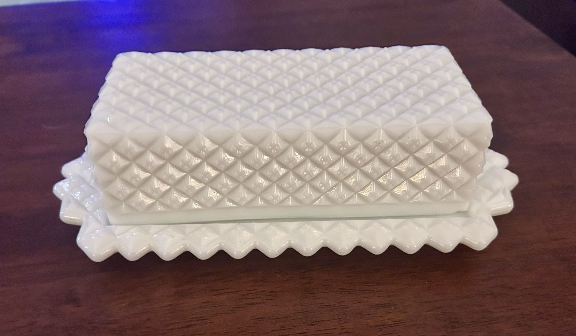 English hobnail vintage Westmoreland milk glass covered butter dish, plate w/ cover