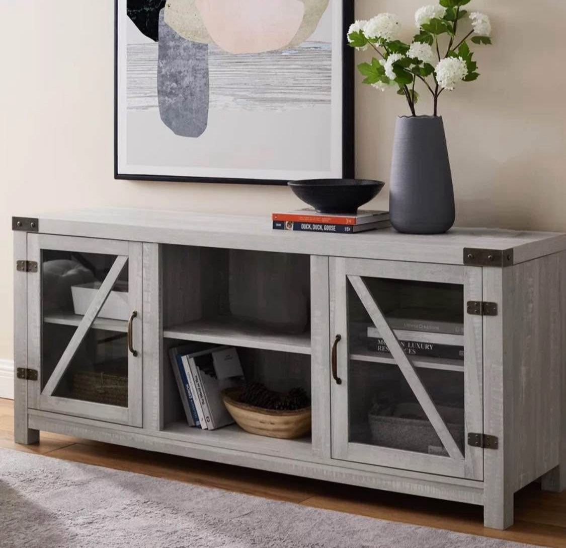 New Large Gray Grey Farmhouse Barn Door TV Stand Console Entertainment Center