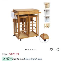 3 PCS Mobile Drop Leaf Tables For Small Spaces With Storage, Rolling Island Cart For Kitchen With 2 Stools, Small Folding Dining Table With Chairs, Sq