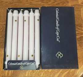 NWT- in box with stickers 
White Taper Candles 
Colonial Candle Of Cape Cod 
12 Classic Candles- 10" Tall
#61 Moonlight
