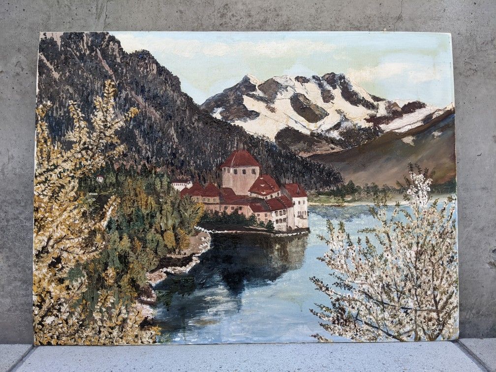 Original Signed Oil Painting Chillon Castle Switzerland by Opal M. Lewis