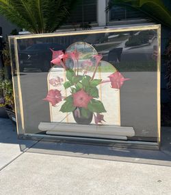 Jon Gilmore 1980s Flowers on Vase on Console With Mirror Lucite Diorama Wall Hanging
