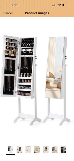 Freestanding Jewelry Cabinet, Full Length Mirror, Moon White Jewelry Armoire Organizer, Lockable Jewelry Storage Cabinet, Frameless Mirror, 3 Adjustab