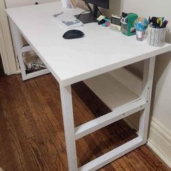 Sturdy office desk with shelf white color