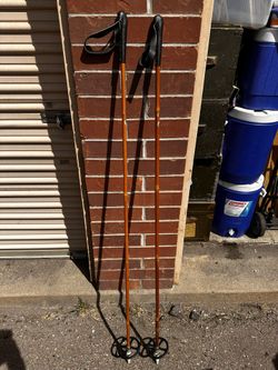 Vintage Bamboo Ski Poles 152cm 60 inches Leather Grips Plastic Baskets Skiing