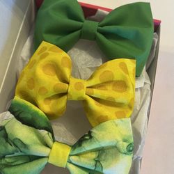 Set of 3 Hair Bows Girls Accessories Clips Fabric Toddlers Green Yellow Children