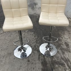 2 White Leather Bar Stools 
