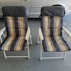 Two New Camping/ Outside /Balcony /Porch /Veranda /Patio Folding Padded Metal Chairs  - $45

