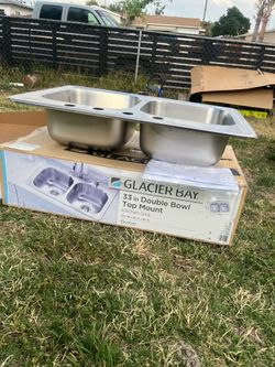 Glacier Bay Fregadero de cocina empotrable de acero inoxidable, calibre 20, doble cubeta 50/50, 33 pulgadas, con grifo