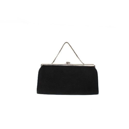 Vintage Late 1950s–60s National Black Fabric Handbag – Canadian Made – Silver Chain Convertible Clutch