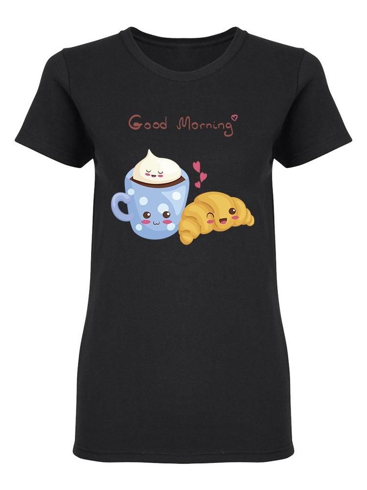 Smartprints Kawaii Coffee And Croissant Shaped Tee Women's -Image by Shutterstock Black Size M