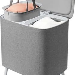 Double Laundry Hamper – 2-Compartment Tall Laundry Basket with Legs & Lid (Gray)