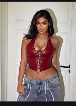 Women's Punk PU Leather Halter Top Grommet Eyelet Tie Front Corset Crop Top