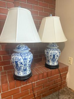 Pair of Blue & White Porcelain Chinoiserie Table Lamps