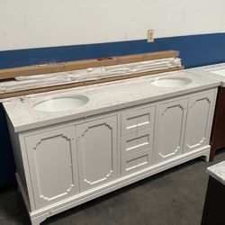 72” White Solid Wood Bathroom Vanity with Quartz Top (V52)