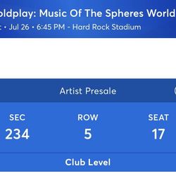 Cold Play Tickets 4 Club Level 