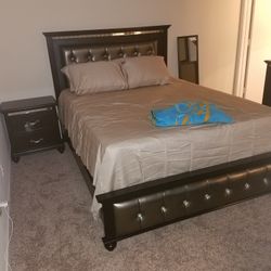 Black Queen Bed with Nightstand and Dresser and Mirror