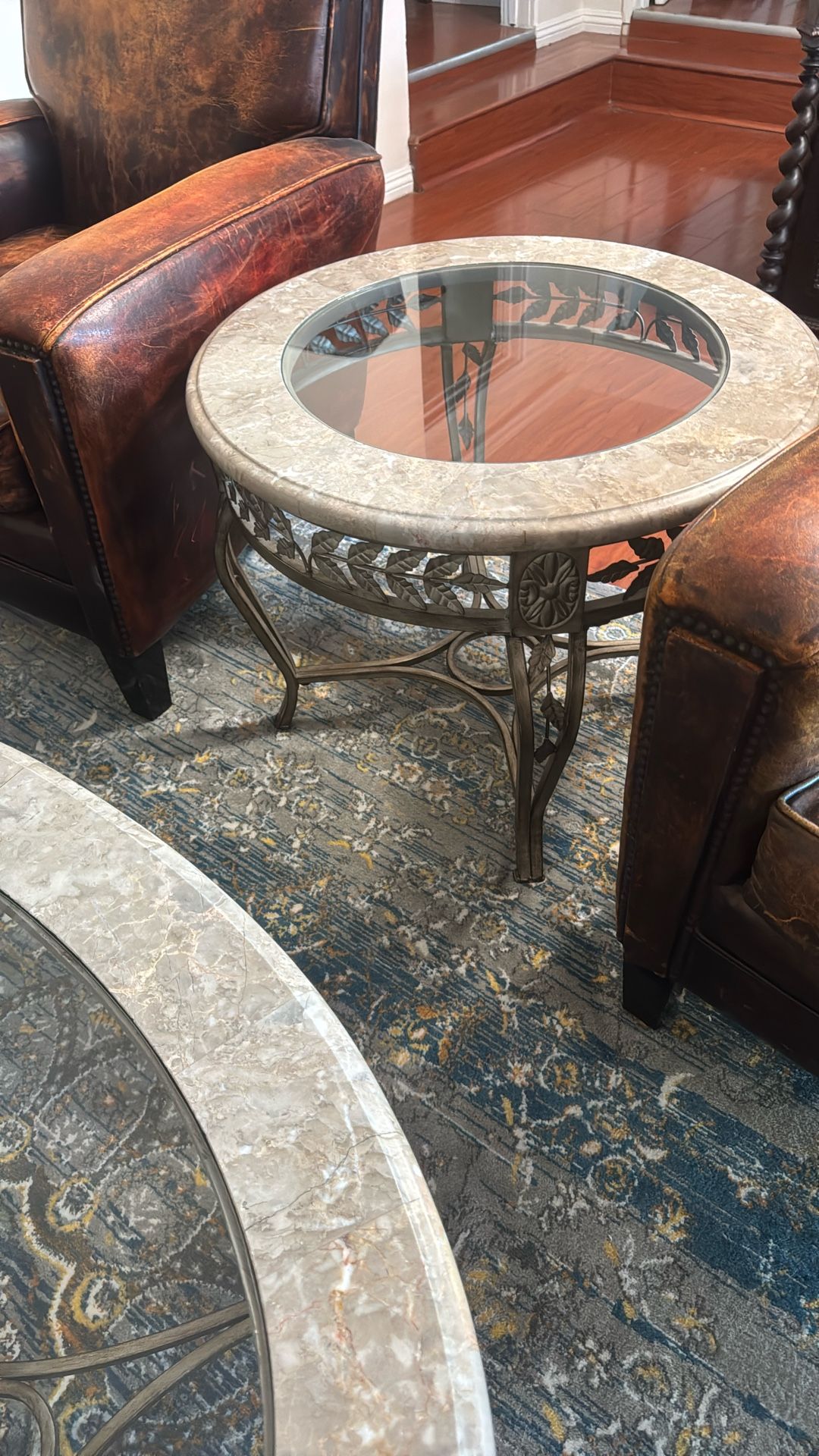 Coffee Table And End Table Set Glass Top With Iron And Marble Stone