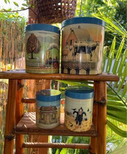 4 set of 1980s country tin canisters farmhouse cottagecore style